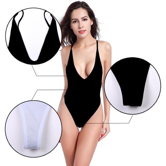 🆕Women Black Nylon High Cut Plunging V Neck One Piece Sexy Bathing Suit - Picture 5 of 6
